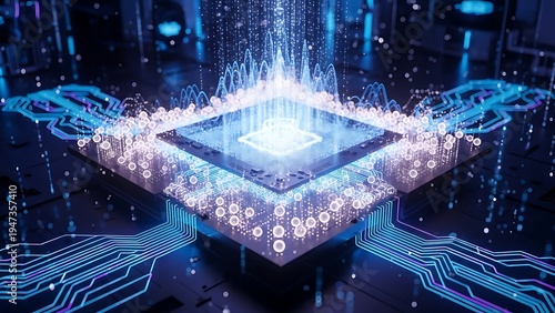 Quantum computing technology with data transmission and processing shown in a digital environment
