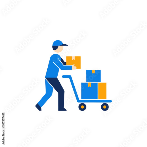 Delivery man with boxes on a hand truck, logistics concept, flat design icon