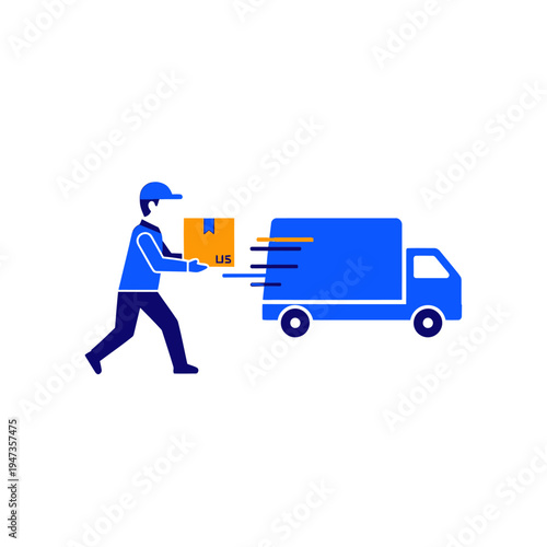 Delivery man with package arriving at blue truck, fast shipping icon