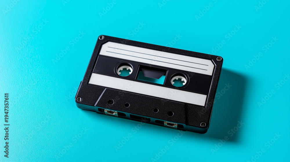 Fototapeta premium Retro audio cassette tape on bright turquoise background representing vintage music technology.