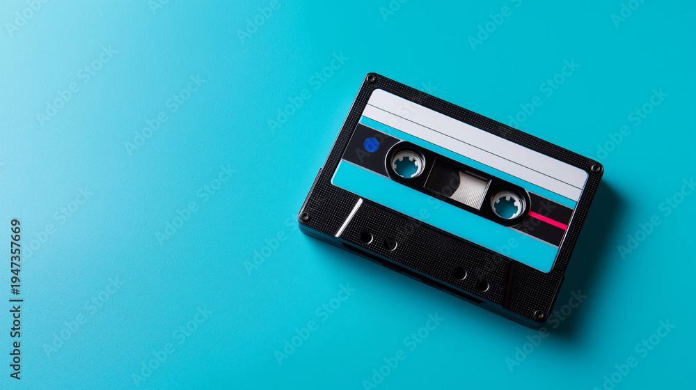 Fototapeta premium Retro audio cassette tape on bright turquoise background representing vintage music technology.