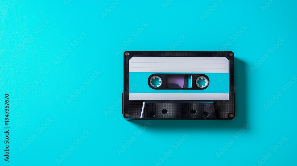 Fototapeta premium Retro audio cassette tape on bright turquoise background representing vintage music technology.