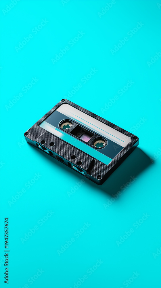 Fototapeta premium Retro audio cassette tape on bright turquoise background representing vintage music technology.