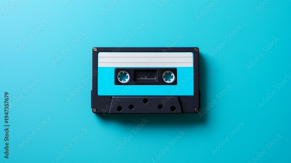 Fototapeta premium Retro audio cassette tape on bright turquoise background representing vintage music technology.