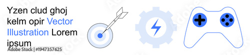 Gaming devices, goal achievement, precision, technology, innovation, and energy. A gaming controller, target with an arrow and gear with a lightning bolt. Gaming and goal achievement concepts