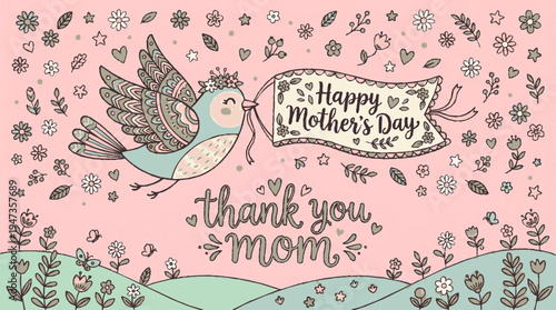 Two birds holding a banner reading happy mother's day with floral patterned pink background for greeting cards