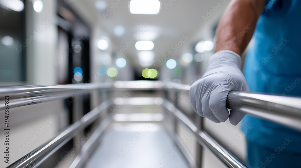 Fototapeta premium Close-up of hand holding hospital corridor railing representing healthcare support and patient mobility.