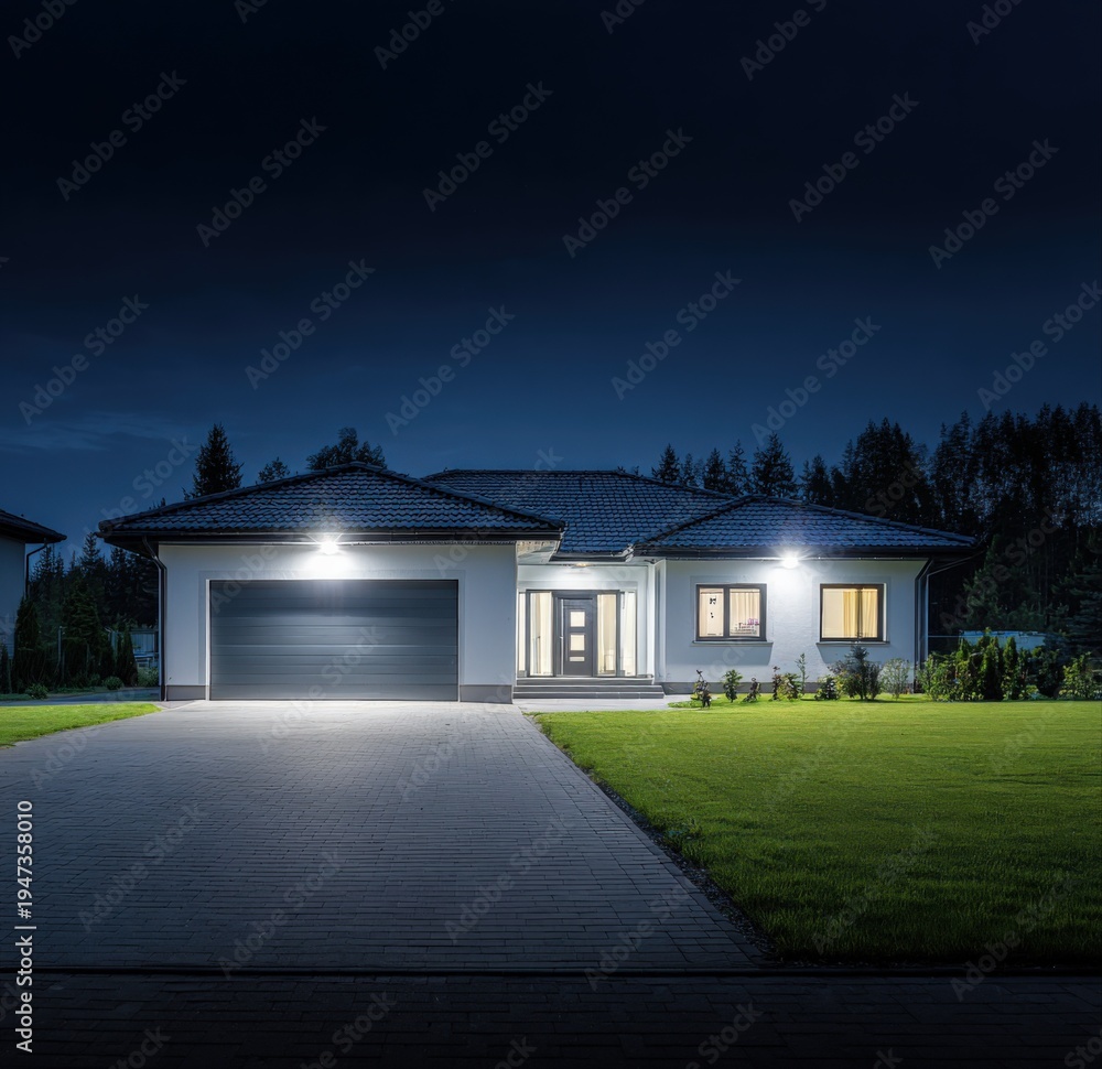 custom made wallpaper toronto digitalModern Home Exterior at Night with Security Lighting Illuminating the Driveway and Manicured Lawn