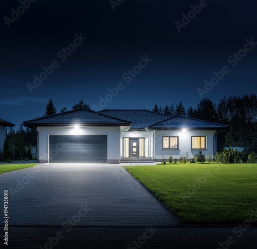 Wallpaper Mural Modern Home Exterior at Night with Security Lighting Illuminating the Driveway and Manicured Lawn Torontodigital.ca
