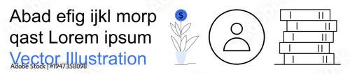 Personal finance, growth, education, work-life balance, learning, self-improvement. Minimal icons with a money plant, human figure and stacked books. Finance and growth concept