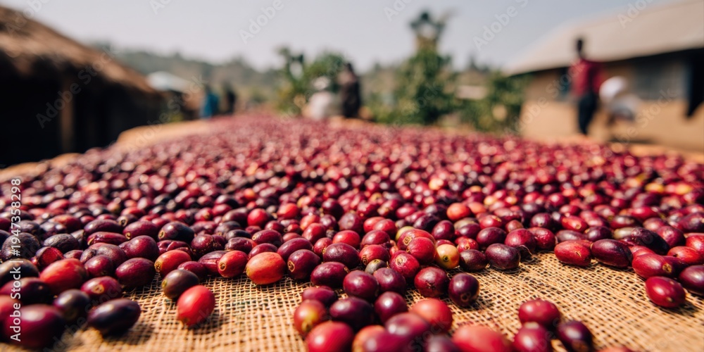 custom made wallpaper toronto digitalCoffee beans drying on burlap in a rural village, showcasing traditional coffee processing methods.