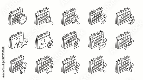 Isometric calendar line icons set for business planning, time management, event scheduling, task organization, appointments, and deadline tracking.