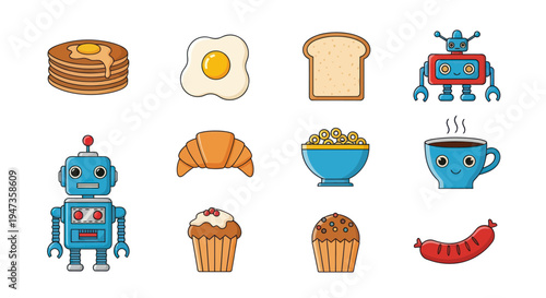 Breakfast food and robot illustration set