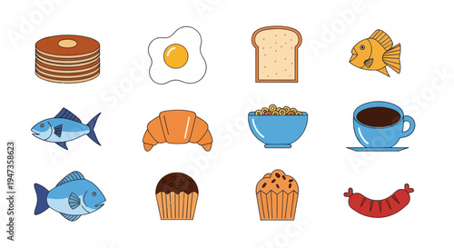 Breakfast food collection isolated on white