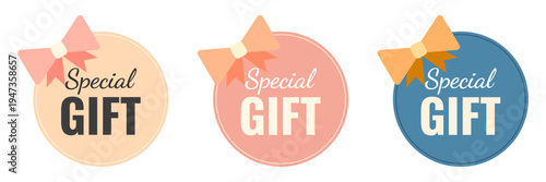 Special gift round pastel labels decorated with bows in peach, pink and blue tones