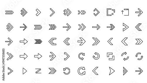 A sequence of arrows demonstrating various directional and transitional patterns. Vector