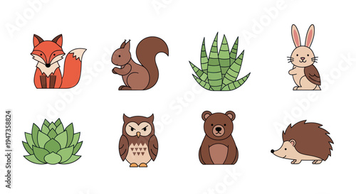 Cartoon forest animals and plants on white