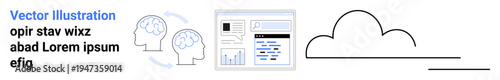 Cloud computing, data analysis, information sharing, cognitive processes, digital networking, AI visualization. Two brains with arrows, a data dashboard and a cloud icon. Cloud computing and data