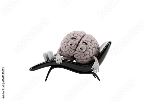 anthropomorphic cartoon brain with glossy pale pink texture and expressive half-closed eyes, reclining on a sleek black chaise lounge chair in a transparent mirrored studio environment, concept of