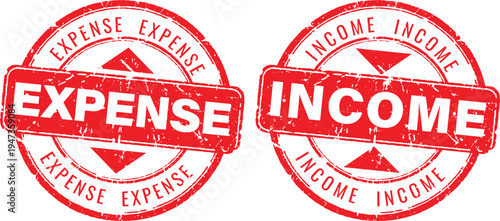 Set of red expense and income round rubber stamps with grunge texture for financial accounting