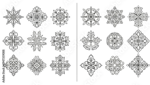 Intricate geometric patterns featuring interconnected circular and symmetrical designs Vector
