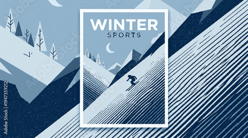 Dynamic skier glides downhill in stylized winter sports poster with snowy mountain backdrop and retro design elements
