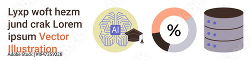 AI technology, education, data storage, data analysis, machine learning, innovation. Brain chip with AI label, graduation cap percentage chart and server stack. AI and education concept