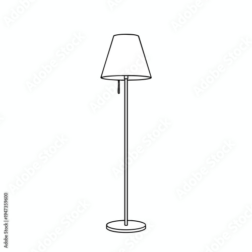 A simple line drawing of a tall floor lamp with a conical lampshade and a circular base