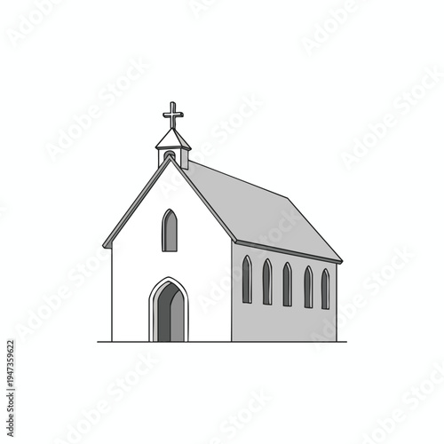A minimalist illustration depicts a small chapel with a cross atop its steeple