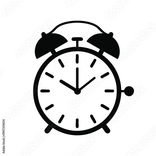 A black and white silhouette of a classic twin-bell alarm clock