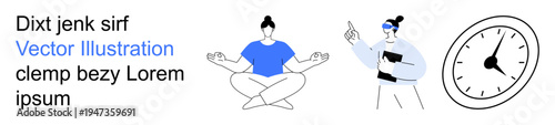 Wellness, mental health, time management, personal growth, mindfulness, productivity. A meditating person, a figure holding documents and a clock. Wellness and mental health visualization