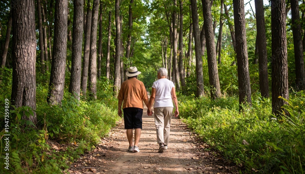 Fototapeta premium An elderly couple walks hand-in-hand along a forest path, surrounded by trees and green foliage. The sunlight filters through the canopy