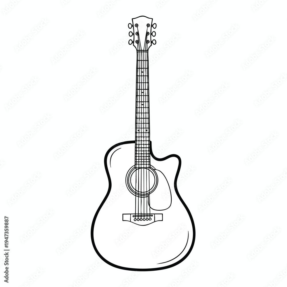 Naklejka premium Stylized line drawing of an acoustic guitar with six strings, six tuning pegs