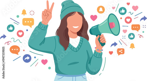 Social Media Influencer Announcing with Megaphone and Engagement Icons