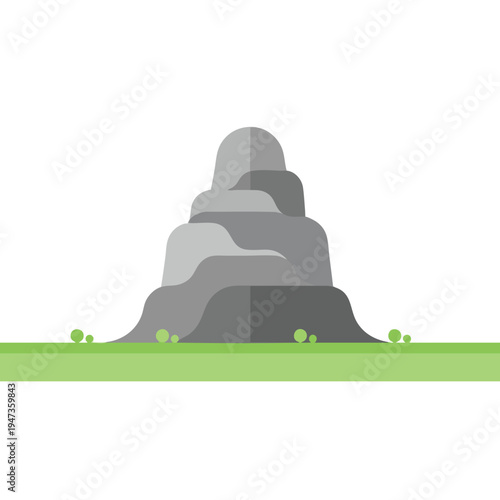 Flat design illustration of stacked grey rocks on a green field with round bushes