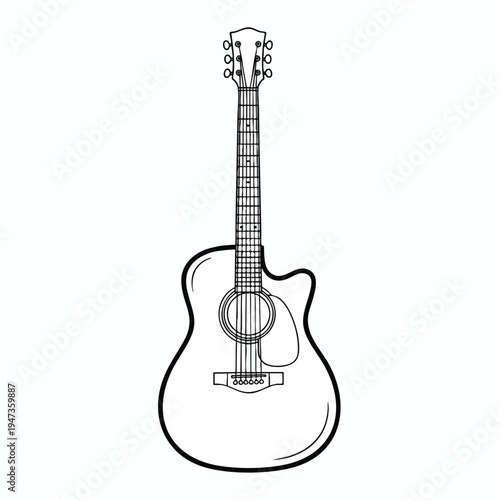 Stylized line drawing of an acoustic guitar with six strings, six tuning pegs