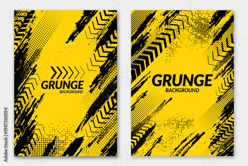 Yellow posters with dot halftone, arrows and grunge dirt elements. Urban style modern grunge banner. Drive and speed modern creative wallpaper for your graphic design, banner or poster. Vector