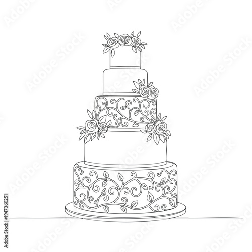 A detailed sketch of a four-tiered cake adorned with floral and swirling vine decorations