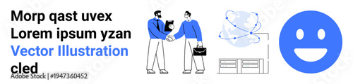 Business partnerships, teamwork, modern innovation, positive interactions, professional success, communication. Two professionals shaking hands, bright smile icon and abstract s. Business