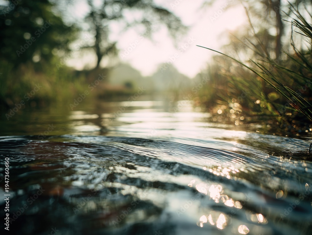 Fototapeta premium Serene River Flowing Through a Lush Green Landscape at Sunrise, Reflecting Sunlight on Water