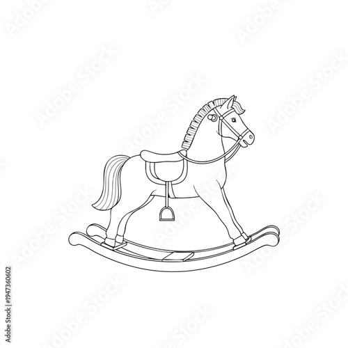 A simple line drawing of a rocking horse toy with a saddle and bridle