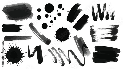 Abstract collection of black inkblot patterns and minimalist line drawings on white background Vector