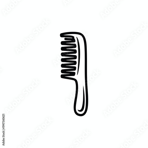 Minimalist black outline of a comb with a curved handle on white