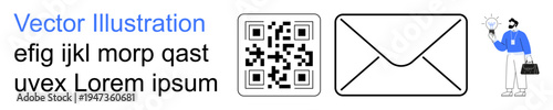 Digital communication, navigation tools, email technology, QR code scanning, postal services, guidance concepts. QR code, envelope and man holding a compass. Digital communication and navigation
