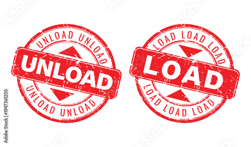 Red grunge rubber stamp icons for load and unload operations in logistics and freight transportation