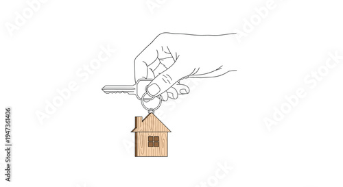 A human hand, rendered in a clean line-art style, holds a silver key with a prominent, light-brown wooden house-shaped keychain attached, presented against a pure, expansive white background.