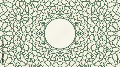 Intricate islamic geometric rosette medallion with symmetrical starburst patterns in beige tones for cultural design