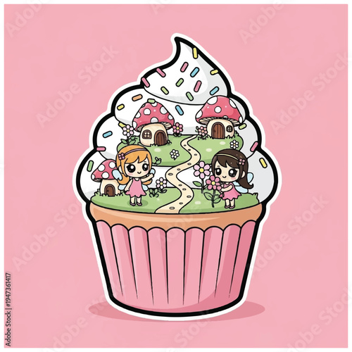 A whimsical digital illustration of two cartoon girls standing on a cupcake with a miniature village on top, surrounded by colorful sprinkles against a pink background. Perfect for