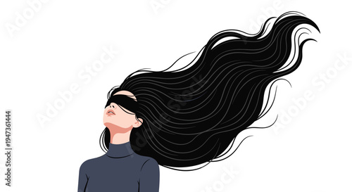A stylized illustration portrays a woman with exceptionally long, flowing black hair and a blindfold, her head tilted upwards, depicted as an isolated figure against a stark white background.
