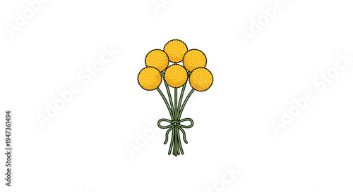 A charming illustration of a bouquet with seven spherical yellow craspedia flowers tied with a green ribbon is displayed on a pure white background.